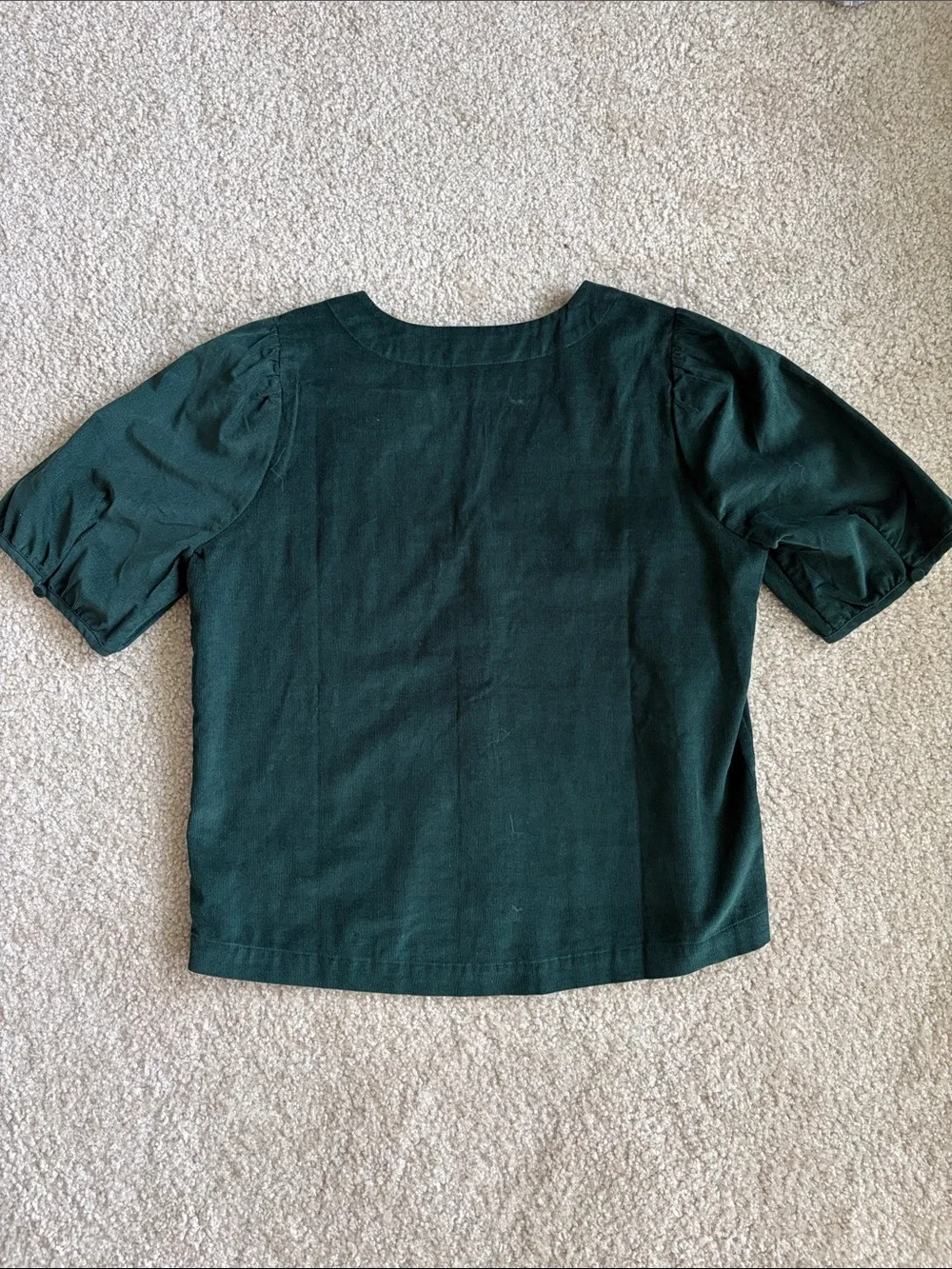 NWT Madewell Dark Green Corduroy V-Neck Button-Front Puff Sleeve Top